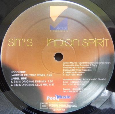 12-дюймовая пластинка SIMS Indian Spirit VECTOR003 Vector Records 2004 Франция Танцевальная Электроника Б/у