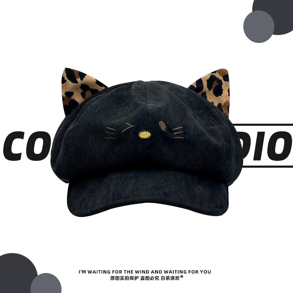 Cat ear corduroy octagonal hat for women, warm and versatile, makes the face look smaller