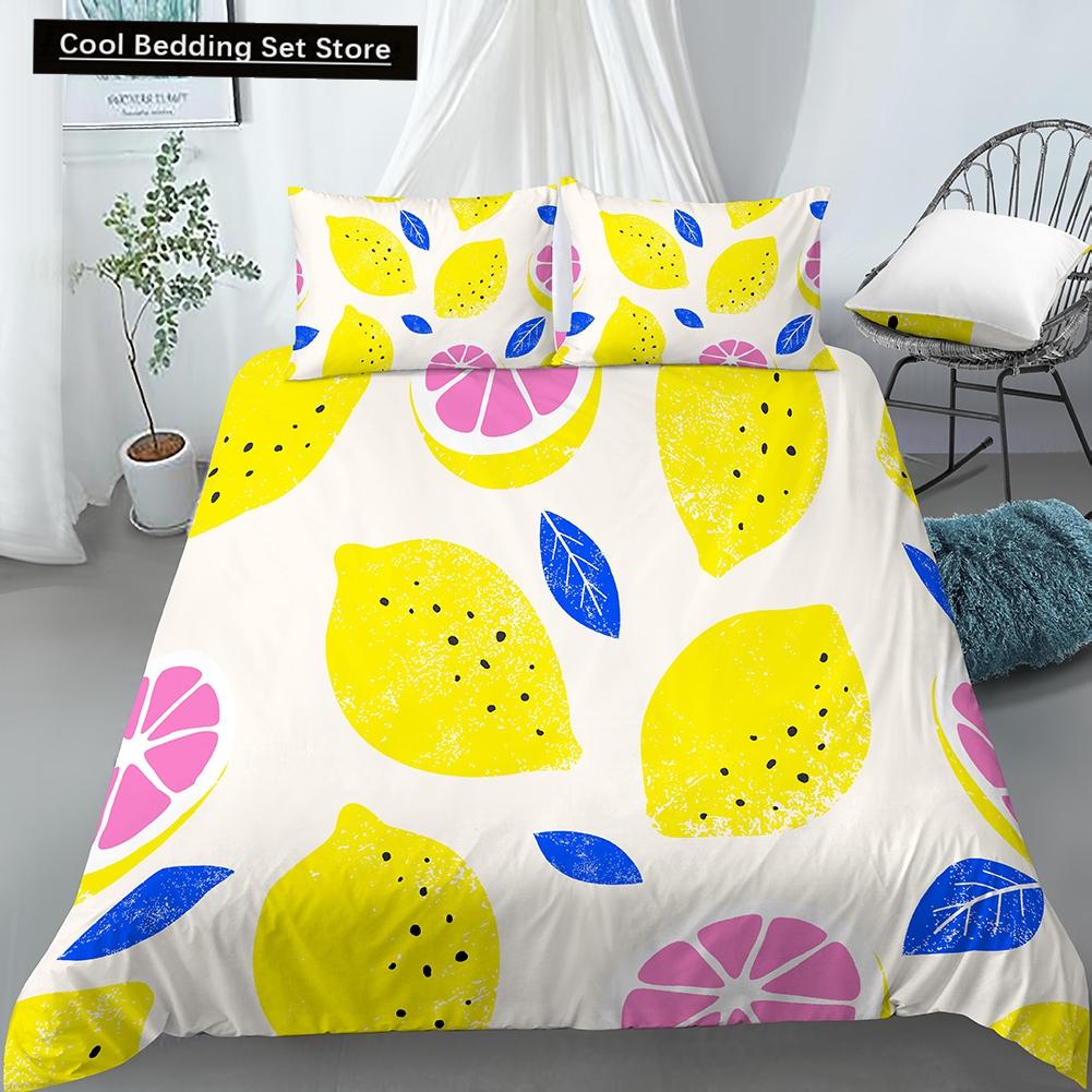 Постельный комплект с принтом лимонов Желто-зеленый Фруктовая тематика Розовый Пододеяльник Размер Кинг/Евро Милый Мультяшный 2/3 шт. Полиэстеровый Чехол для одеяла