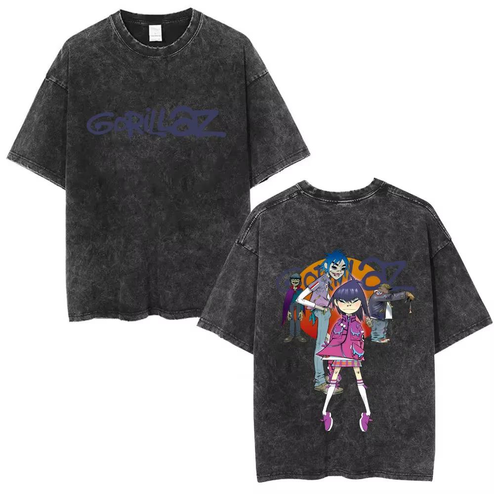 Washed Vintage Rock Band Gorillaz Album Graphic T-shirt Men's Women Hip Hop Fashion Oversized T Shirts Male Cotton Streetwear