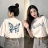 Fashion Butterfly Print Short-sleeved T-shirt Women's 2025 Summer New Black Loose Front Shoulder Half-sleeved Cotton Top Trendy