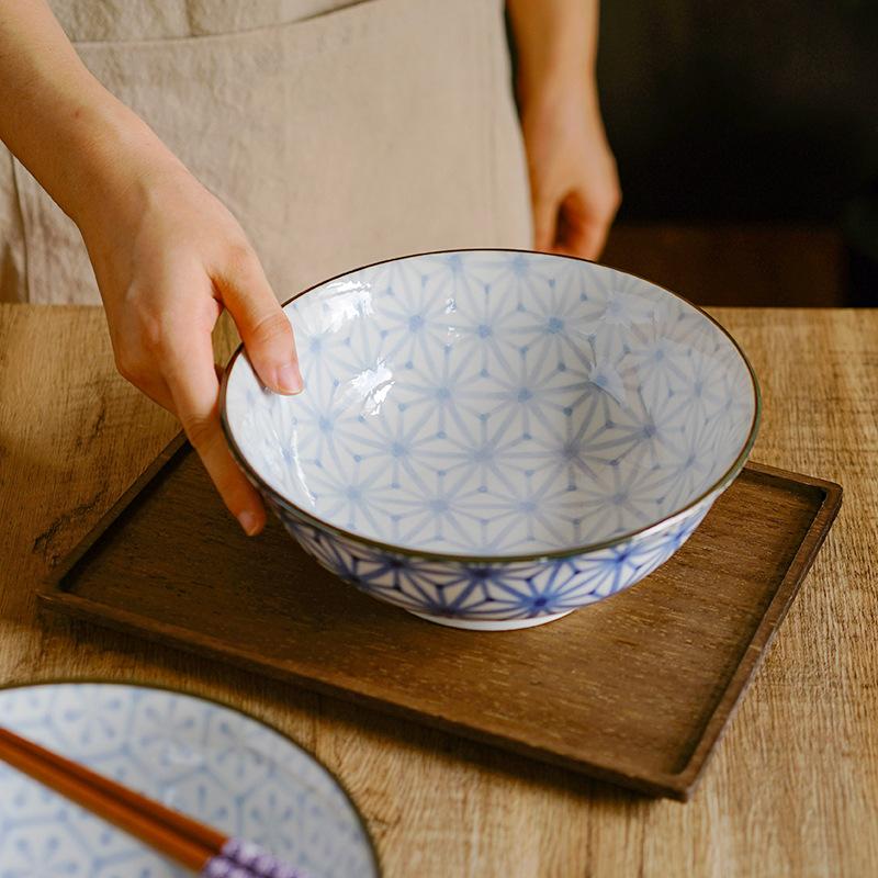 7,68-дюймовая синяя керамическая миска для лапши рамен, большая миска для смешивания супа и салата, цветочный дизайн, подходит для микроволновой печи, 1000 мл