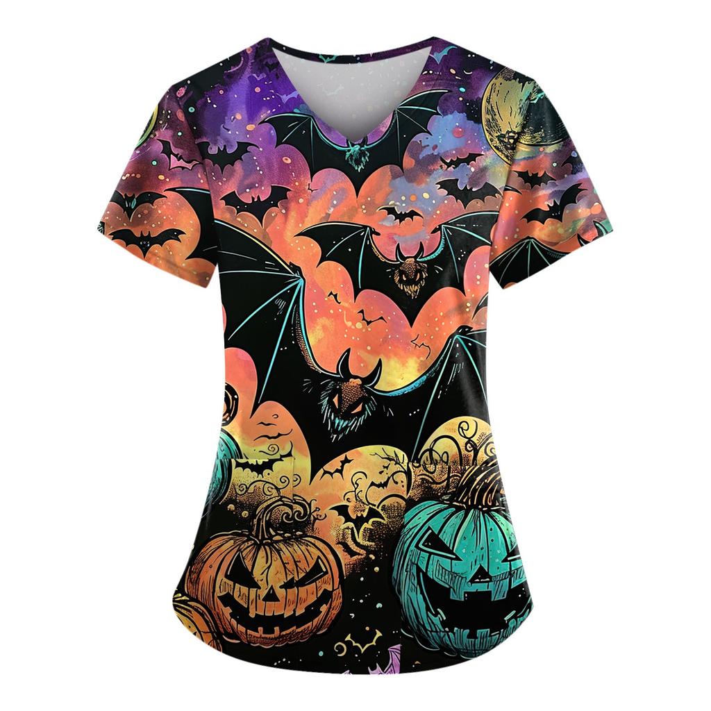 Женский V-образный вырез, модный повседневный топ с принтом на Хэллоуин, топ Dry-nurse