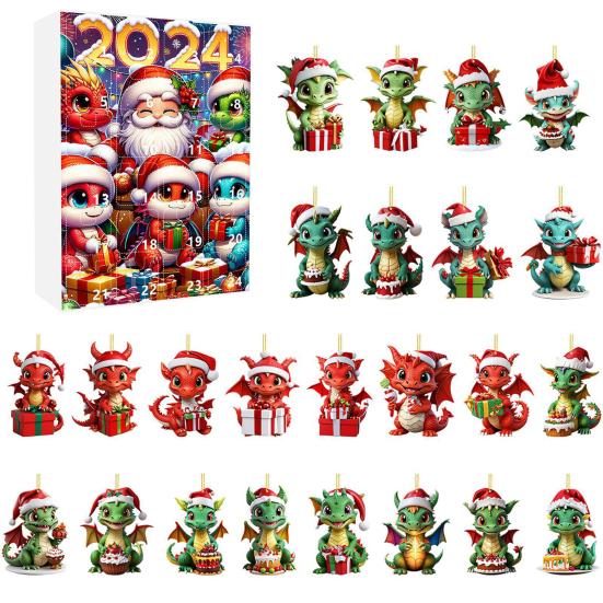 Рождественский Адвент-календарь Акриловый кулон в виде дракона, 24-дневный календарь обратного отсчета с внутренним мультфильмом