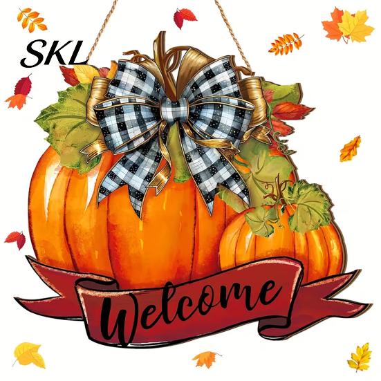 Thanksgiving Pumpkin Decoration Fall Welcome Sign, Door Hanger, Wooden Decor Harvest Sign Hanging Porch for Autumn Farmhouse Wall Solid Wood