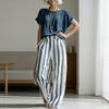 Летние комплекты из 2 предметов для женщин: топ с коротким рукавом и круглым вырезом и брюки с широкими штанинами. Повседневные полосатые комплекты для отдыха.