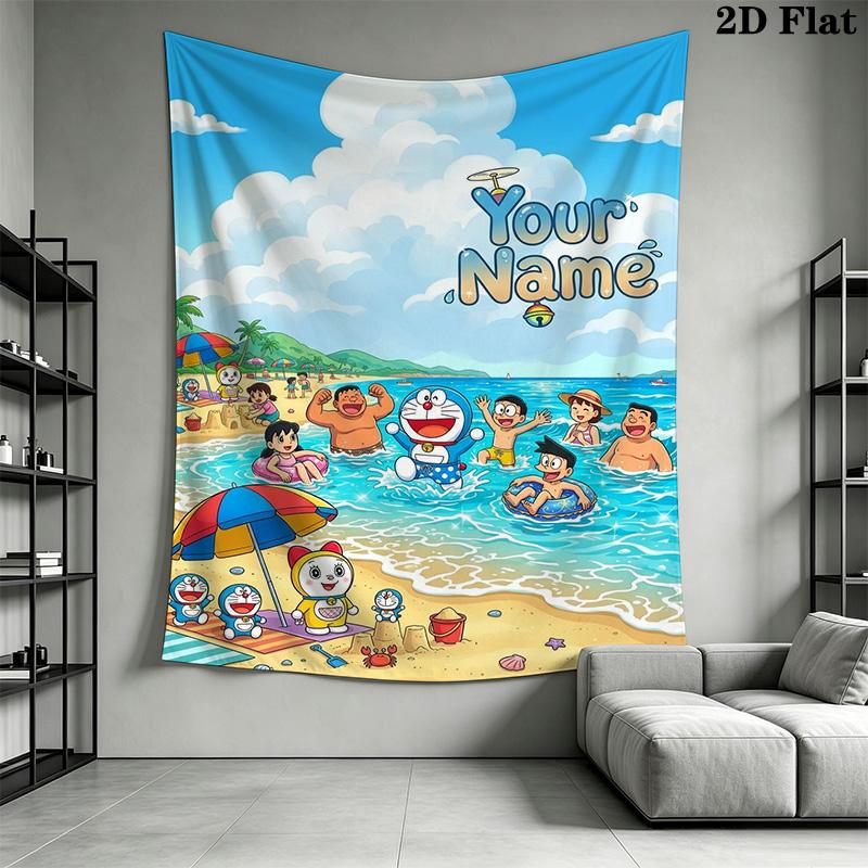 Name Custom Doremon Friends Wall Tapestry Aesthetic Wall Hanging Printed Fabric Blanket Decorative Tapestries for Bedroom Living Room Home Decor
