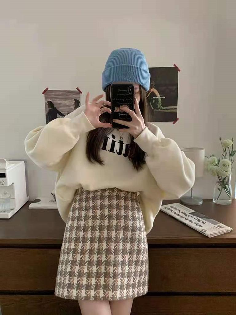 Женский весенне-летний комплект из двух предметов: флисовый свитшот для миниатюрных + шерстяная юбка А-силуэта