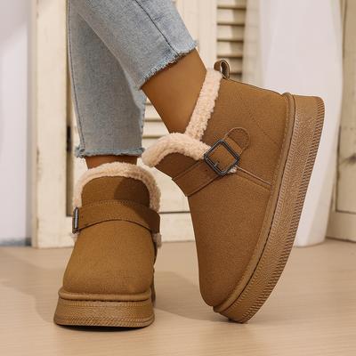 Модные замшевые ботинки с металлической пряжкой, шерстяные, защитные и нескользящие, на платформе, теплые хлопковые ботинки, плоские зимние ботинки, новые зимние туфли с круглым носком и глубоким вырезом