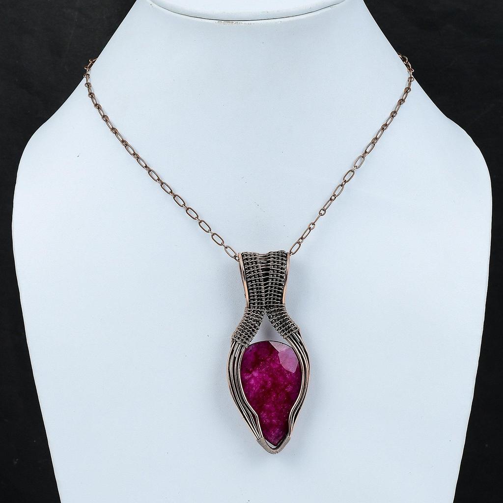 Граненый кашмирский рубиновый кулон, медная проволока, кулон из натуральной драгоценного камня, кашмирский рубин, медные ювелирные изделия, подарок для мамы, кулон ручной работы