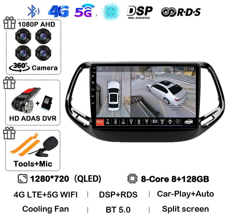 Android 14 Автомагнитола Carplay Auto для Jeep Compass 2017 2018 2019 GPS Навигация Стерео Мультимедийный Видеоплеер Камера 360 WIFI