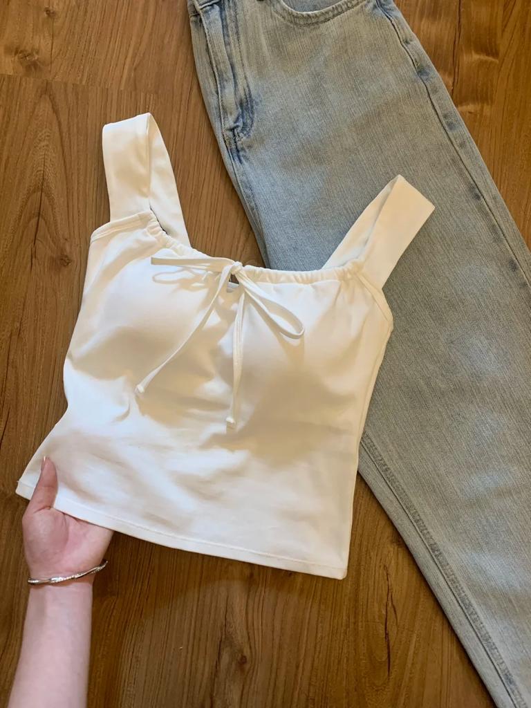 Design Lace-up White Vest Women Summer with Chest Pad Outer Wear Inner Small Sling Short Slim Fit Sweet and Spicy Top