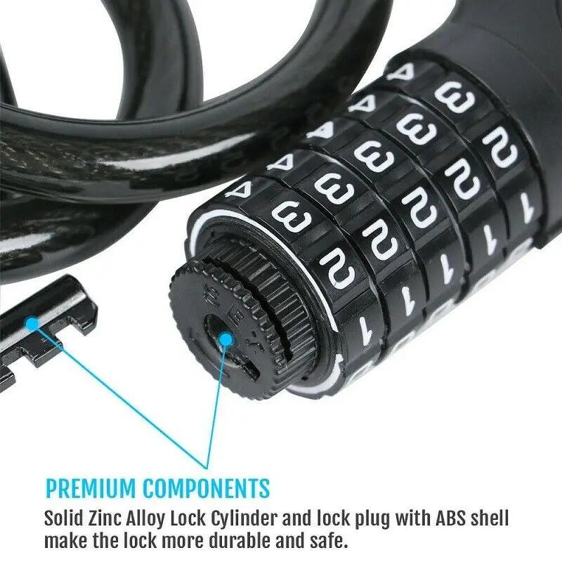 Велозамок 5-значный кодовый комбинационный велосипедный защитный замок стальной трос спиральный велосипедный велосипедный замок 120 см цепь навесной замок 12 мм