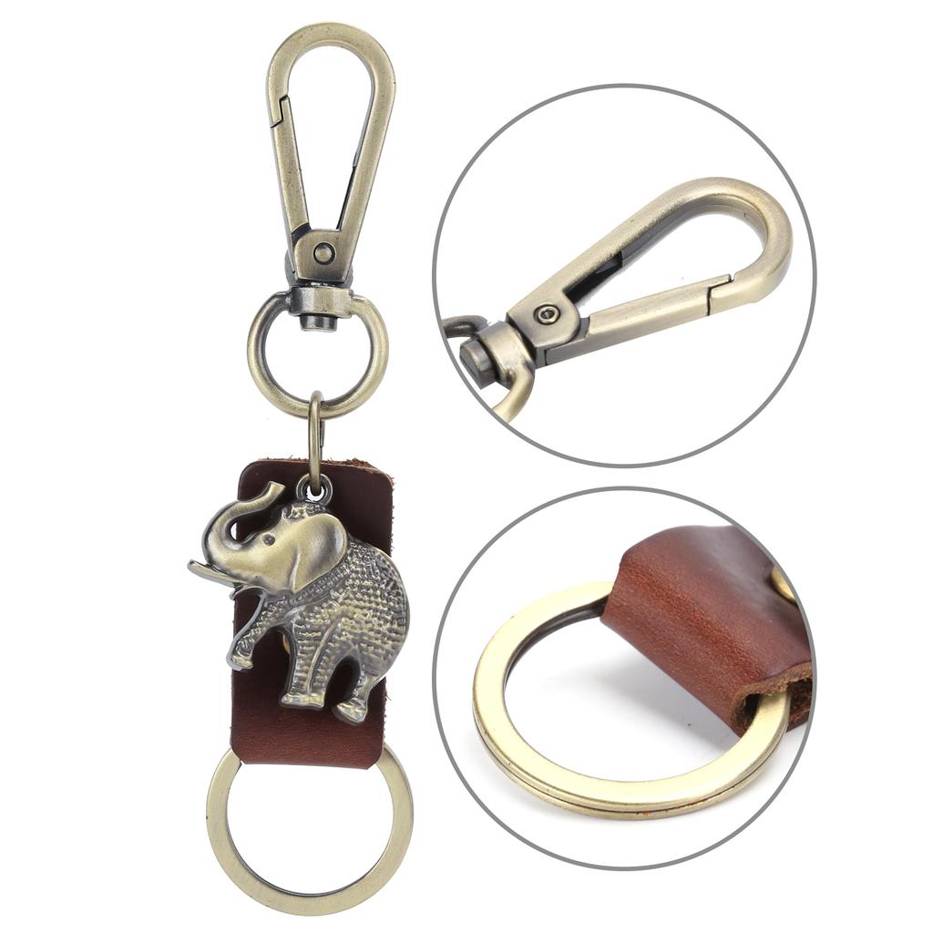 2Pcs Key Chains Elephant Shape Metal Cowhide Car Keychain Retro Leather Pendant GiftsBrown