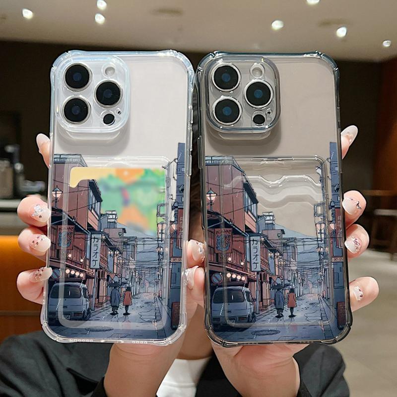 Мягкий силиконовый прозрачный чехол для телефона с отделением для карт для iPhone 16 Pro 15 14 13 Pro Max 12 11 с городским узором, противоударный, однотонный чехол для защиты линз