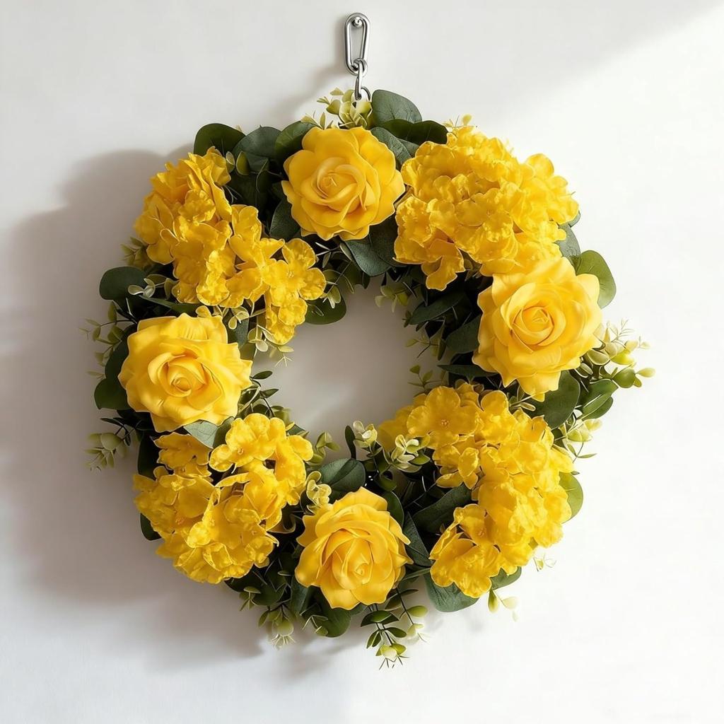 All-Season Artificial Rose Wreath with Embroidery Ball & Realistic Green Leaves - Plastic Flower Garland Suitable for Front Door