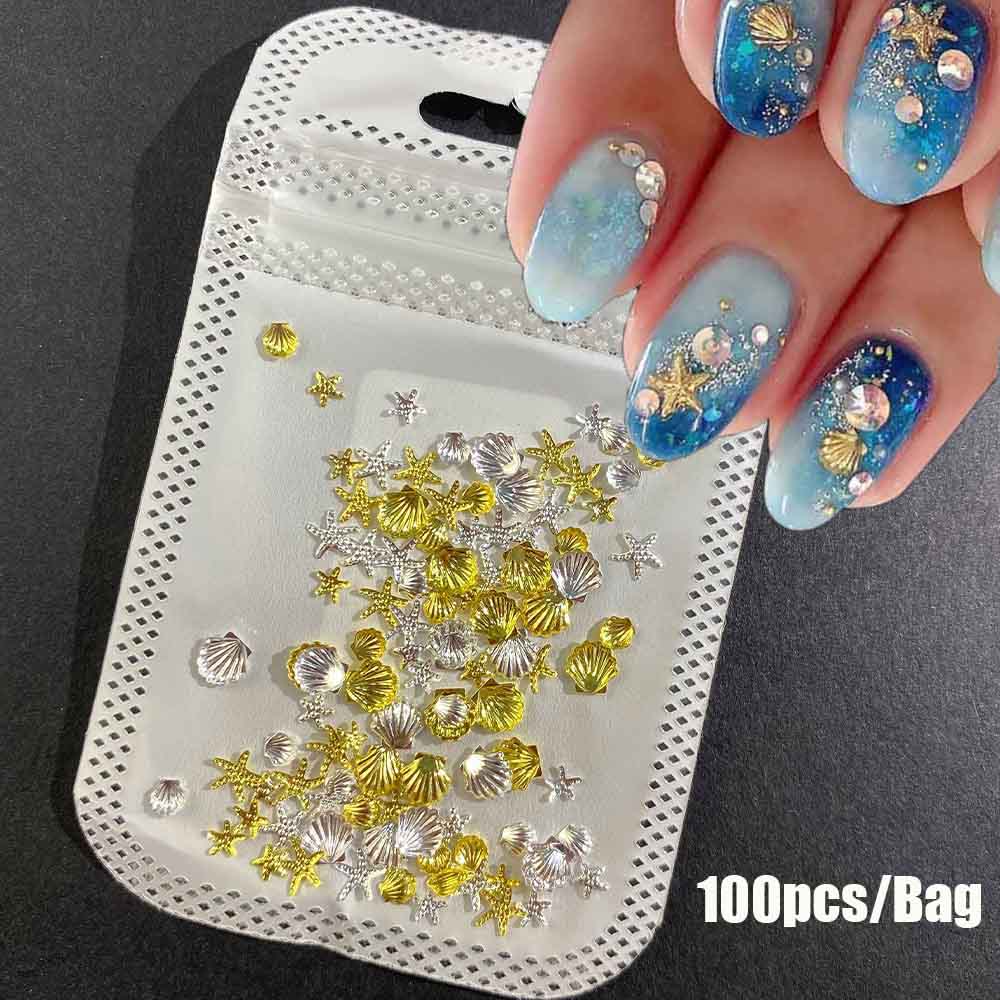1Box Metal Rivets Alloy Studs Nail Charms Summer Ocean Gold Starfish Shell Star Conch Beads Nail Art Decorations Accessories&ZB