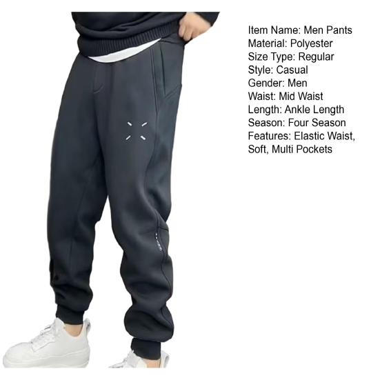 Men Pants Drawstring Elastic Waist Ankle-banded Patchwork Casual Soft Warm Pockets Loose Ninth Pants