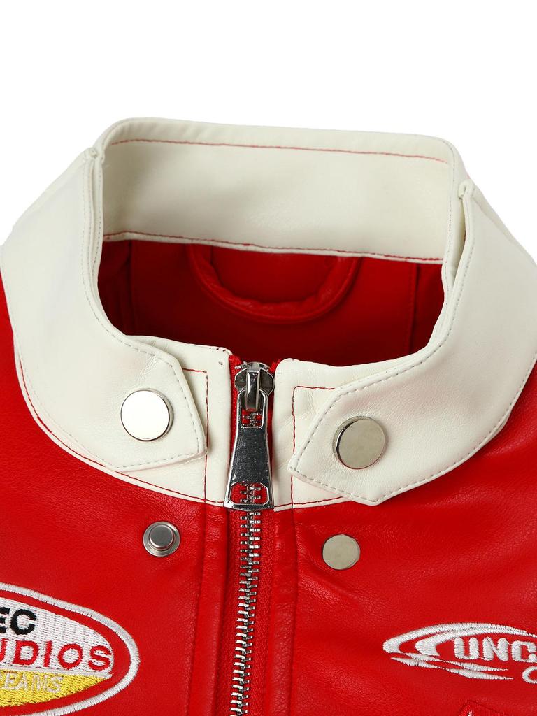 Женская мотоциклетная куртка из ПУ кожи в стиле колор-блок с вышитой нашивкой и воротником-стойкой