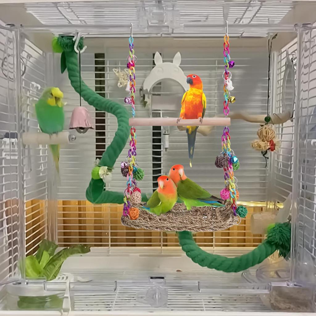 Bird Swings For Parakeets Bird Swing Conure Toys With Perch Seagrass Woven Hammock Chew Toys Cockatiel Cage Accessories For