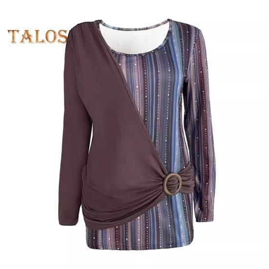 Женские топы с круглым вырезом и длинными рукавами, пуловеры, полосатые принты, повседневная свободная футболка, повседневная одежда