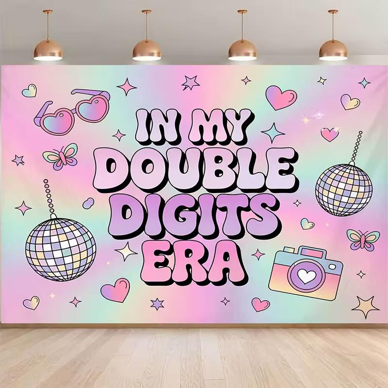 2D Flat Printing Pastel Holographic Backdrop for Retro Groovy 10th Birthday Photoshoot