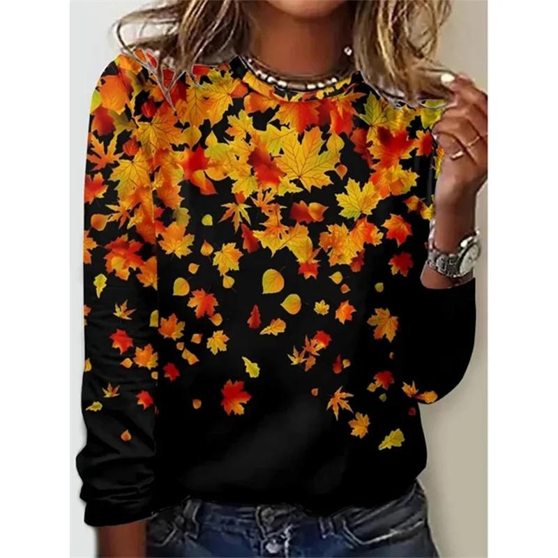 Spring and Autumn Round Neck Colorful Flower Pattern 3D Printed Top Fashionable Casual Long Sleeved Women's T-shirts