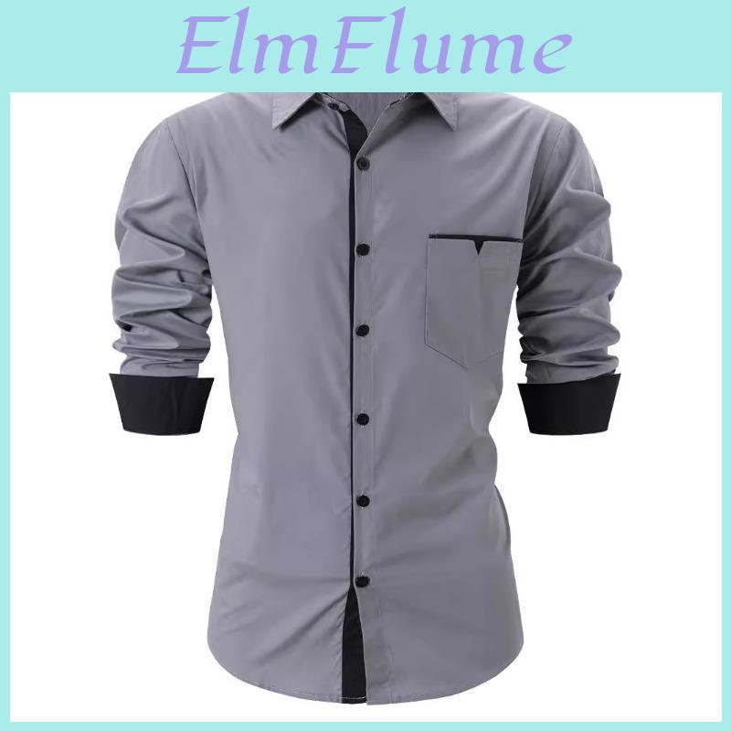 Mens Autumn Fashion Spring Mens Checkered Color Blocked Business Slimming Casual Shirt Long Sleeved Shirt