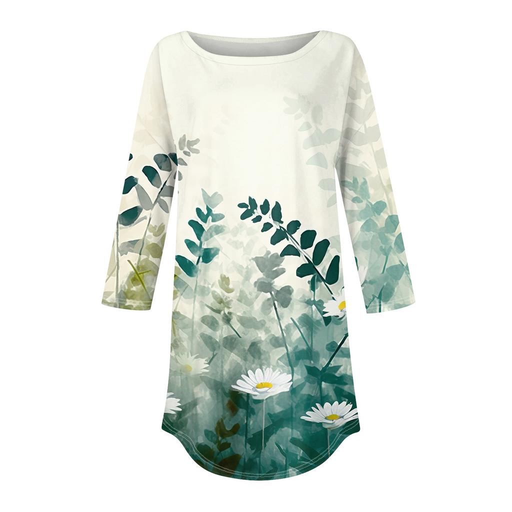 Women's Loose Round Neck Print 3/4 Sleeve T-Shirt Top Pullover