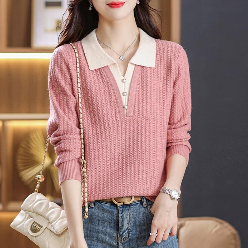 Lapel Knitted Sweater Top Spring Large Size Medium Sweater Bottoming Shirt Fake Two-piece Sweater Women