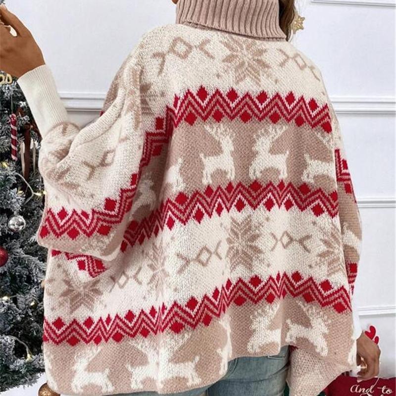 Women'S Christmas Oversized Sweater Novelty Autumn Winter Turtleneck Bat Sleeved Knit Pullover Festival Women Clothing