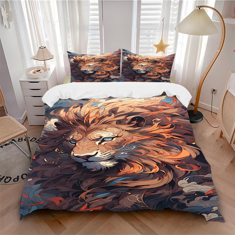 3pcs Lion Print Duvet Cover Set, Cover For Bedroom Guest Room (1 Duvet Cover + 2 Pillowcase, Without Quilt), yy250922233