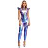Womens Metallic Iridescent Alien Jumpsuit Fly Sleeve Leggings Unitard Space Cosplay Costume