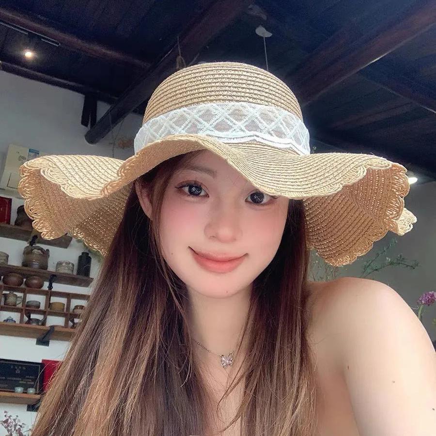 WTEMPO Женские однотонные повседневные универсальные летние солнцезащитные пляжные шляпы в стиле ретро с элегантным кружевным бантом и большими полями, складные солнцезащитные шляпы
