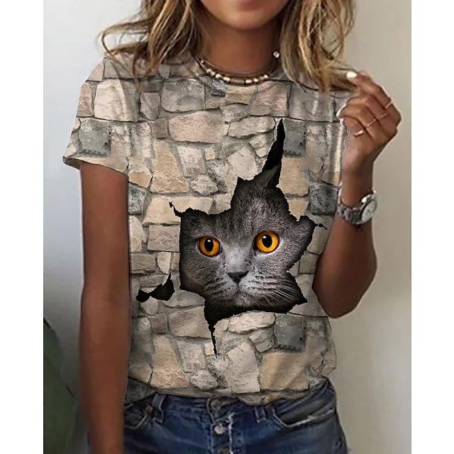 Летняя женская футболка, женская одежда, футболка с принтом кота, модный женский топ с коротким рукавом, повседневный топ