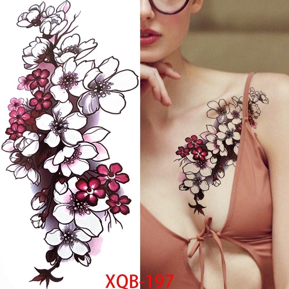NEW 1 PC 210*114MM Cherry Blossom Fake Temporary Tattoo For Women Girl Watercolor Rose Flower Tattoos Flora Branch Chest Back Tatoo Paper Stickers