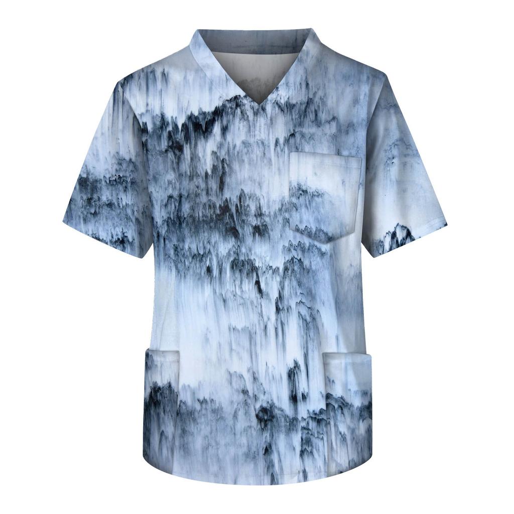 Мужские топы с короткими рукавами и v-образным вырезом с принтом, рабочая блузка с карманами