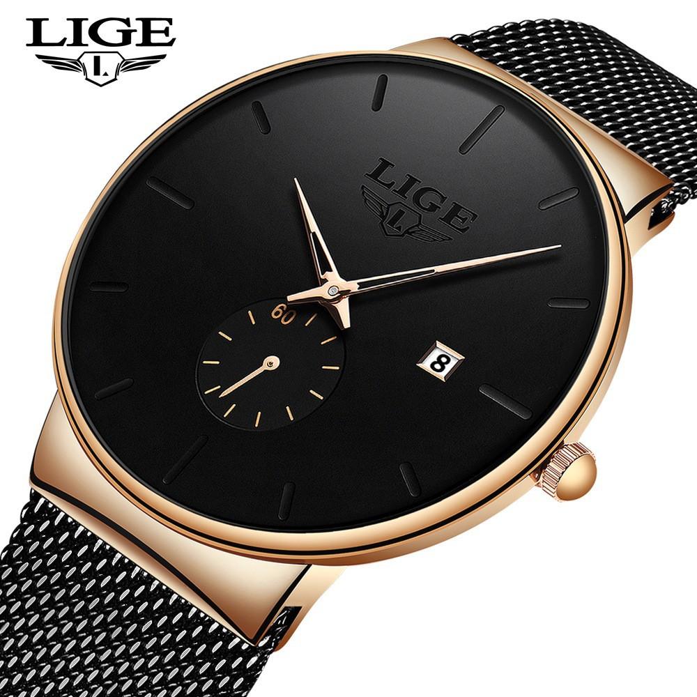 LIGE Mens Watch Business Fashion Ultra Thin Big Dial Waterproof Quartz Wristwatch Minimalist High Aesthetic for Students