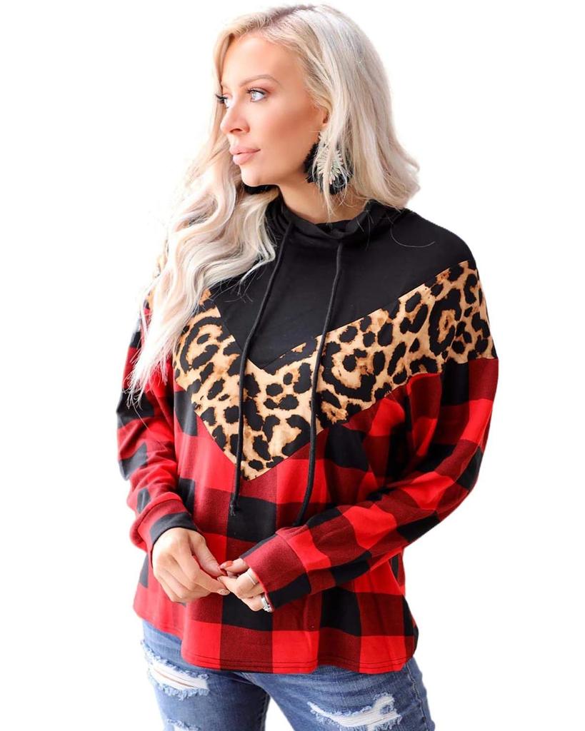 Azura Exchange Chevron Plaid Leopard Patchwork Turtleneck Sweatshirt