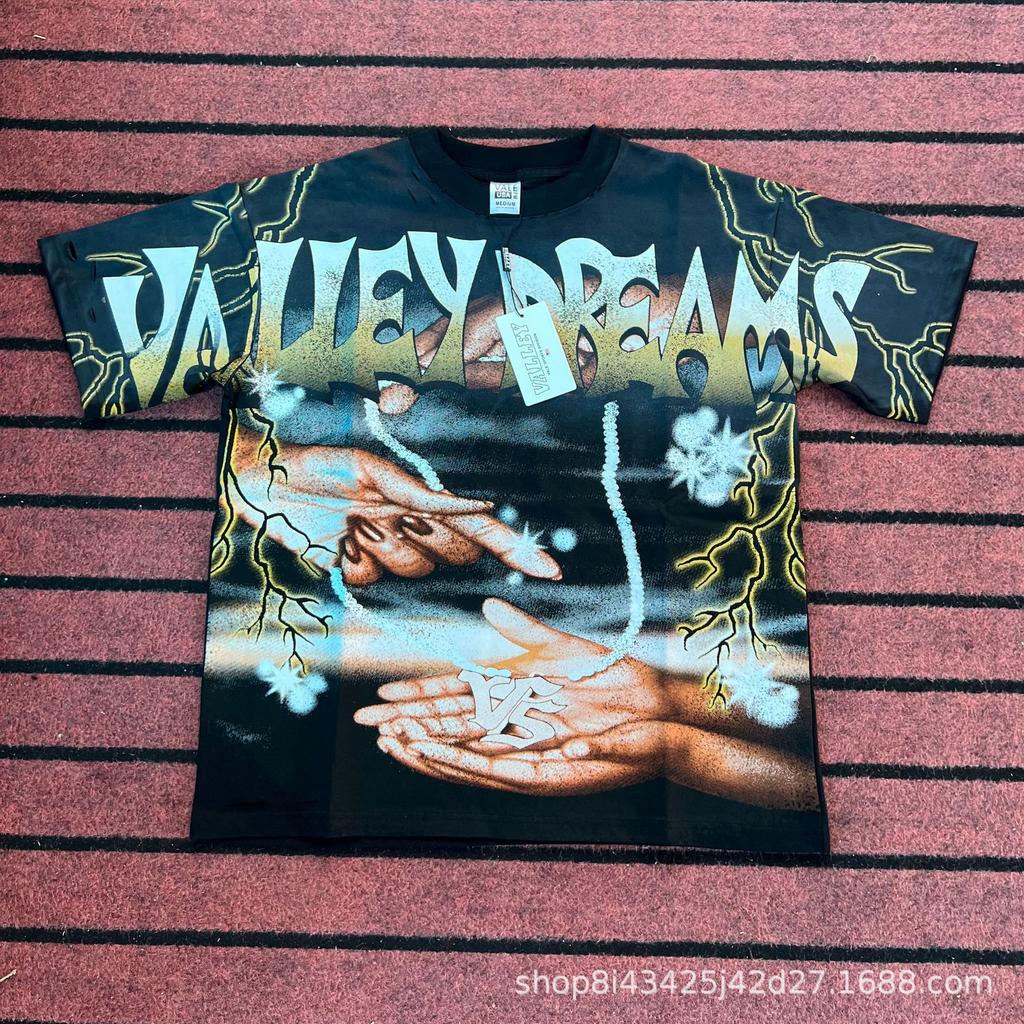 2025 American trendy brand Vall washed old printed short-sleeved hip-hop loose street fashion T-shirt for men and women