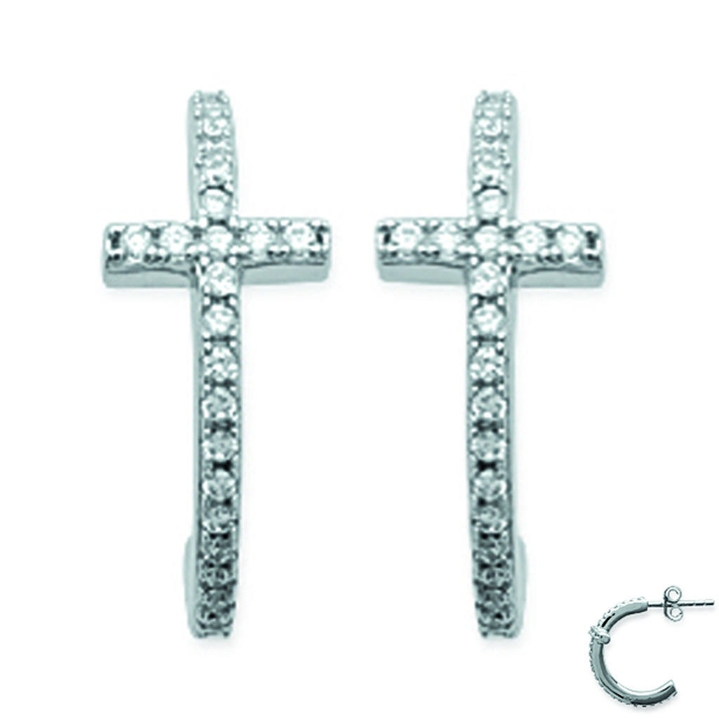 Les Trésors De Lily [M7628] - Silver White 'Cross' Hoop Earrings (rhodium-plated) - 16x6 Mm