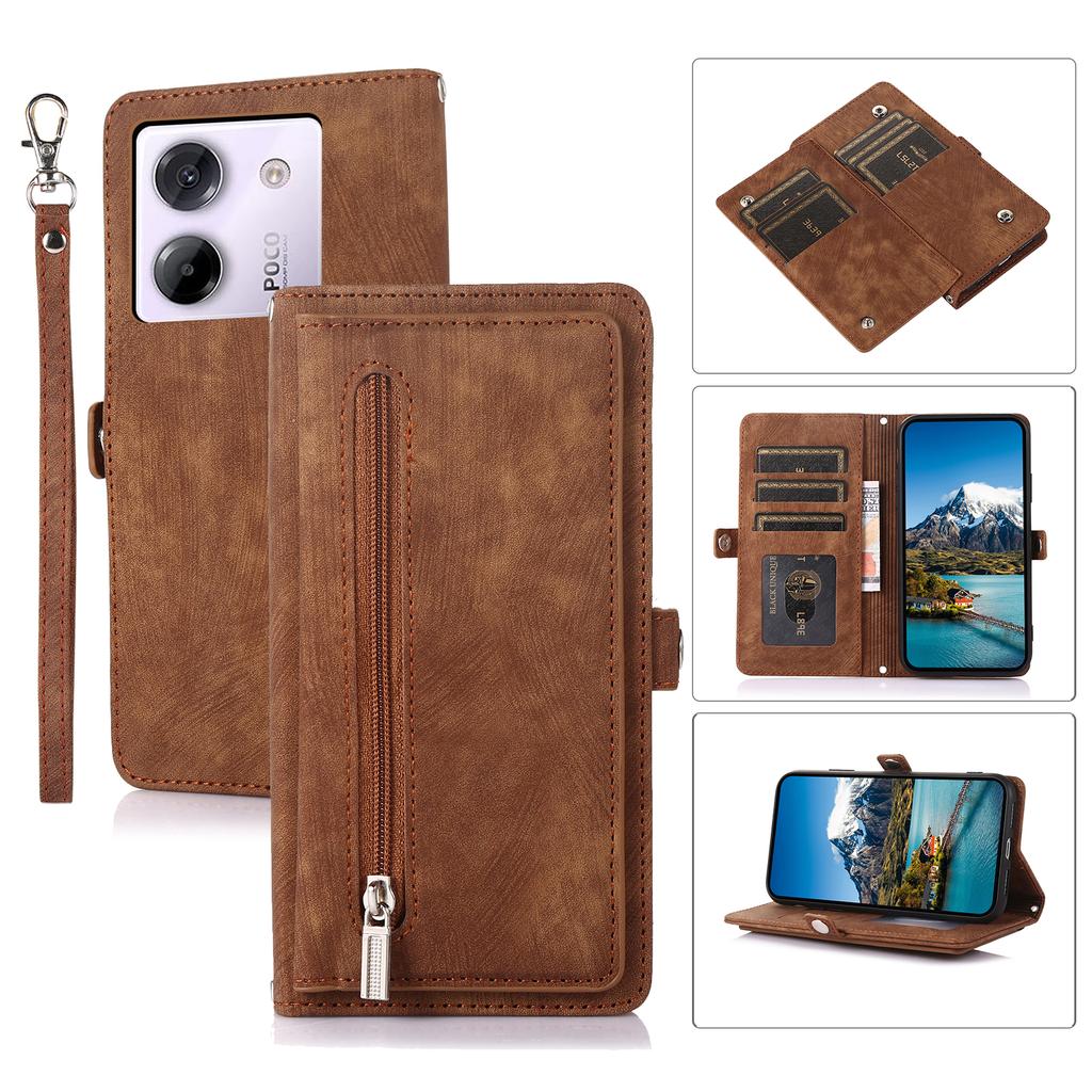 Чехол для Xiaomi Poco M7 Pro 5G с карманом на молнии, 9 отделениями для карт, кожаный чехол для телефона из ПУ с ремешком на запястье