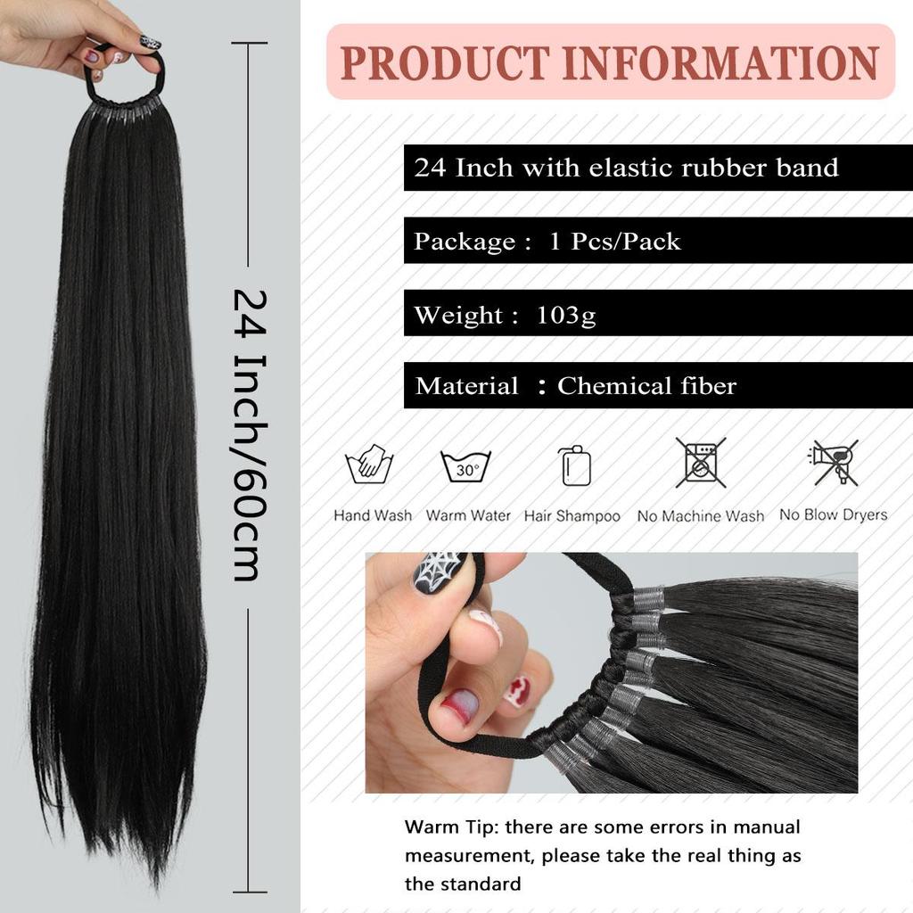 Синтетические наращивания хвоста на эластичной ленте, прямой наращивание хвоста для женщин, длинный прямой мягкий натуральный хвост 24 дюйма