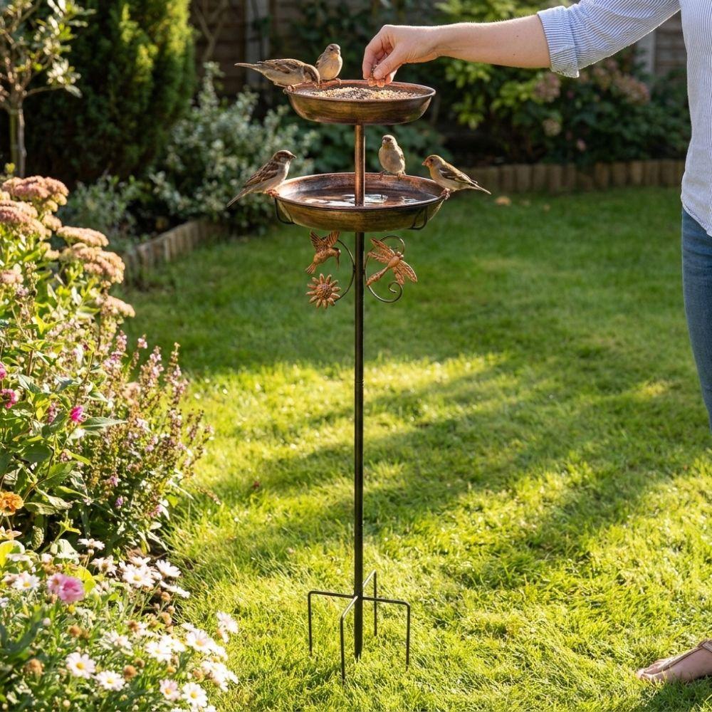 Sturdy Iron Bird Bath Feeder Double Layer Bird Water Drinker Bird Feeding Station Outdoor Garden