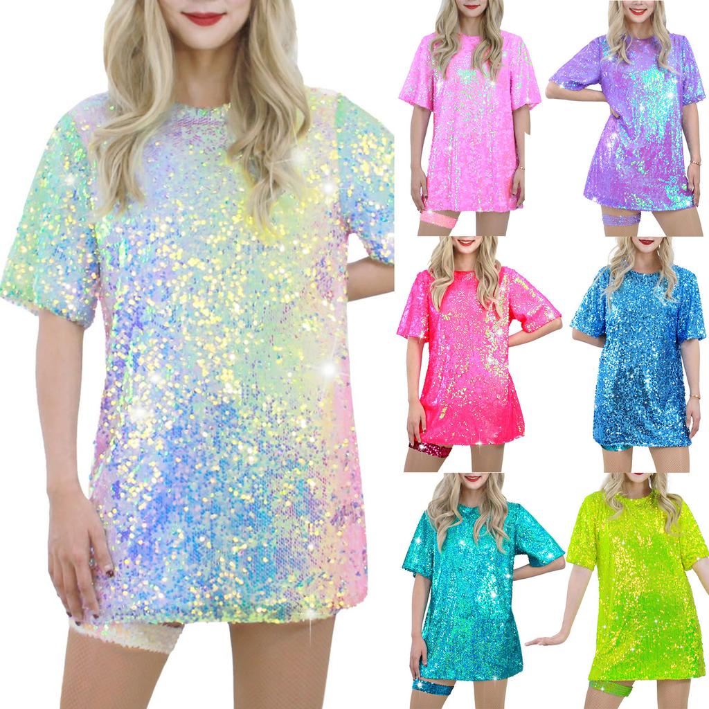 Women's Sequin T-Shirt Dress Sparkly Casual Short Sleeve Party Club Outfit Costume