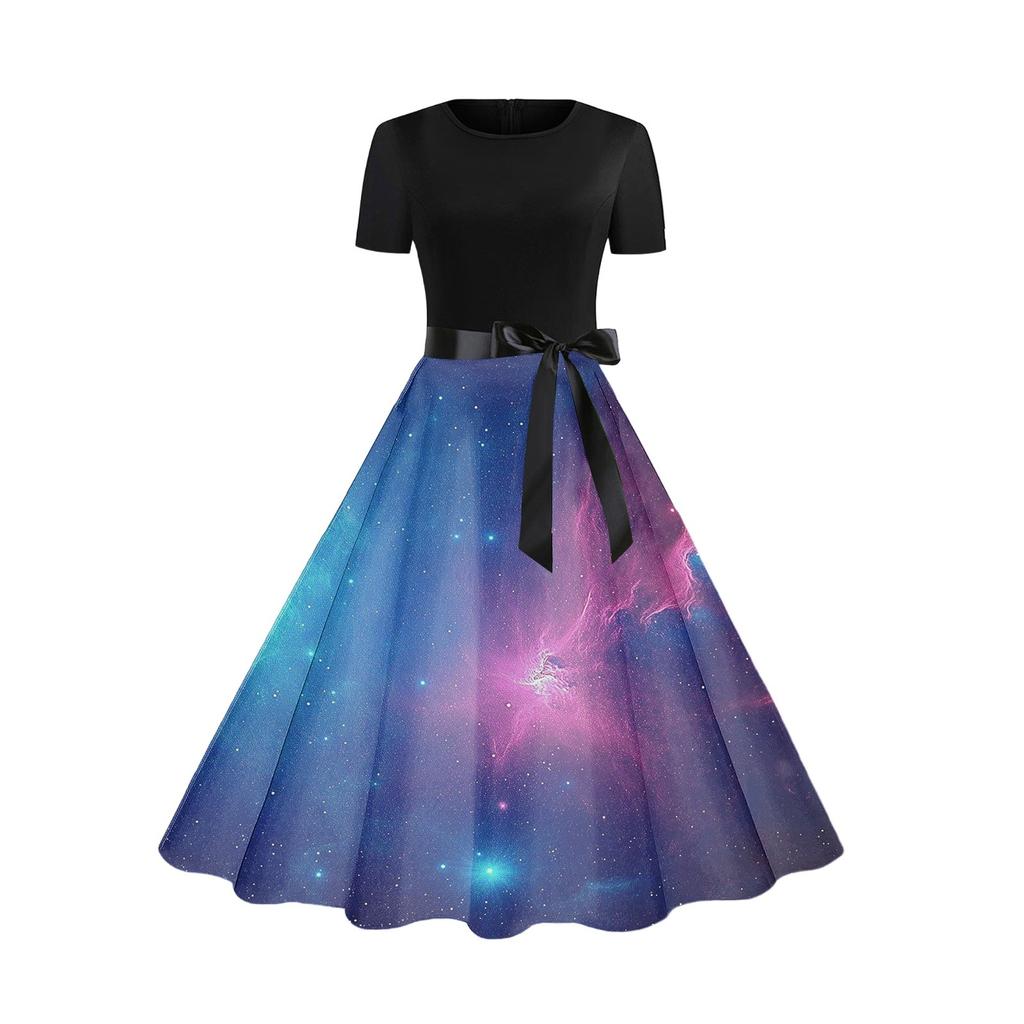 Платье-клеш в стиле ретро с принтом для женщин, повседневное, с коротким рукавом, круглым вырезом, винтажное платье