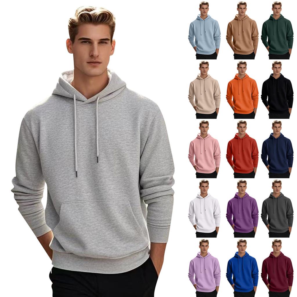 Men's Pullover Hooded Sweatshirt Solid Color Round Neck Loose Hoodie Long Sleeve Top