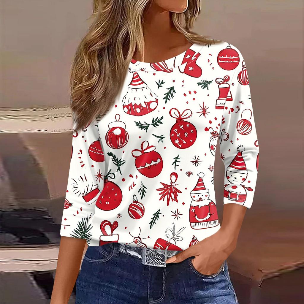 Женская футболка с рождественским принтом, рукав 3/4, повседневная, модная, на выходные, базовая, с круглым вырезом, стандартный топ