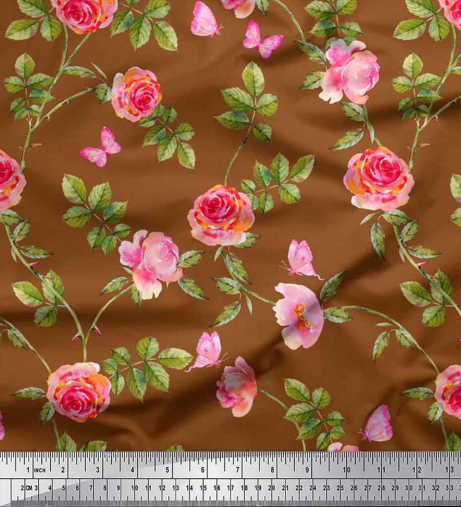 Soimoi Японская креп-сатиновая ткань с листьями, розами и пионами, ткань с цветочным принтом по метрам, 42 дюйма