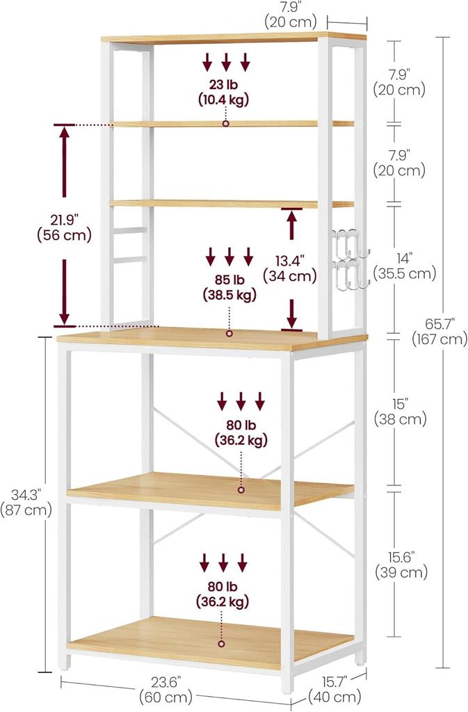 VASAGLE Kitchen Storage Rack, Coffee Bar, Baker’s Rack, Total 6 Shelves and 6 Hooks, for Microwave, Steel Frame, Industrial, 40 x 60 x 167 cm